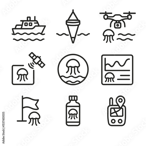 Jellyfish Monitoring Icons. Outline icon set of jellyfish bloom monitoring: research vessel, plankton net, drone survey, satellite