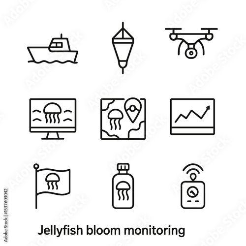 Jellyfish Monitoring Icons. Outline icon set of jellyfish bloom monitoring: research vessel, plankton net, drone survey, satellite