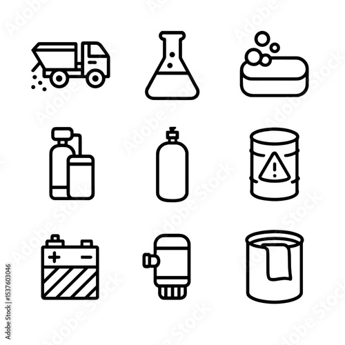 Industrial Salt Icons. Outline icon set of industrial salt applications: de-icing truck, chemical flask, soap bar, water softener