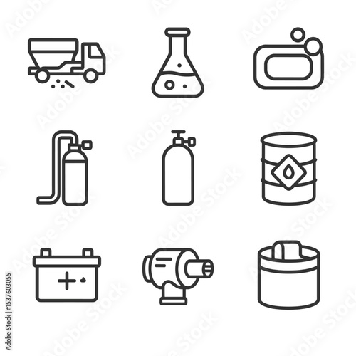 Industrial Salt Icons. Outline icon set of industrial salt applications: de-icing truck, chemical flask, soap bar, water softener
