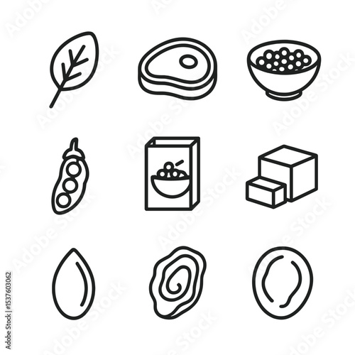 Iron-Rich Foods Icons. Outline icon set of iron-rich foods: spinach leaf, red meat steak, lentil bowl, chickpea pod, fortified