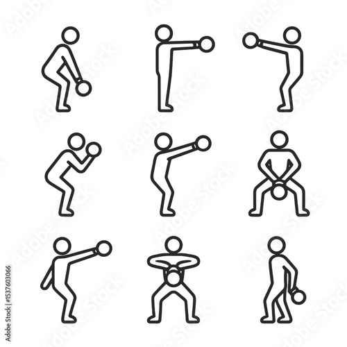 Kettlebell Swing Icon Set. Outline icon set of kettlebell swing variations: Russian swing, American swing, single-arm swing,
