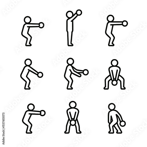 Kettlebell Swing Icon Set. Outline icon set of kettlebell swing variations: Russian swing, American swing, single-arm swing,