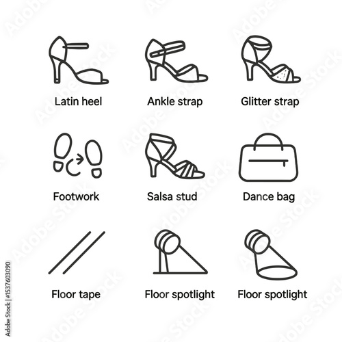 Latin Dance Shoe Icons. Outline icon set of Latin dance shoes features: Latin heels, ankle strap, glitter strap, suede outsole,