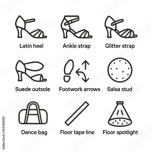 Latin Dance Shoe Icons. Outline icon set of Latin dance shoes features: Latin heels, ankle strap, glitter strap, suede outsole,