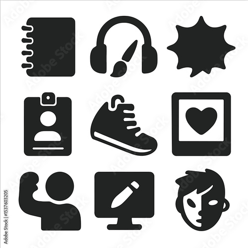 Youth Identity Icons. Solid, filled icons set of youth identity and creative voice: sketchbook icon, headphone