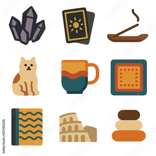 Eclectic Coffee Table Icons. Solid, filled icons set of eclectic coffee table collections: crystal cluster,