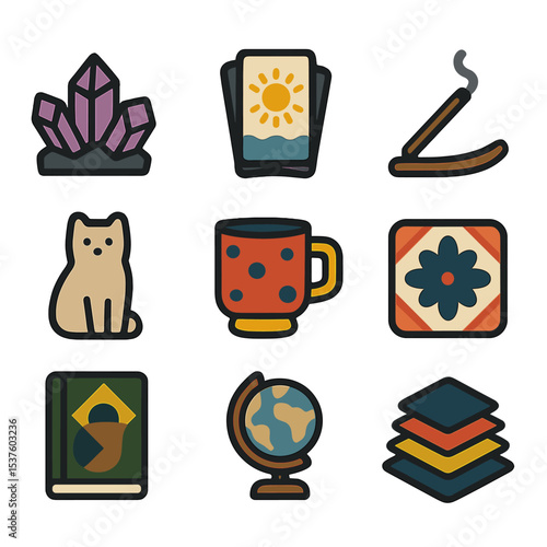 Eclectic Coffee Table Icons. Solid, filled icons set of eclectic coffee table collections: crystal cluster,