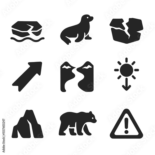 Arctic Habitat Loss Icons. Solid, filled icons set of Arctic habitat loss: shrinking ice floe, displaced seal,