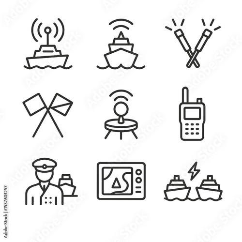 Maritime Communication Icons. Outline icon set of maritime communication protocols: ship antenna, AIS signal, distress flares,