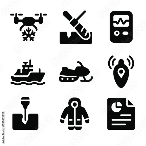 Polar Science Icons. Solid, filled icons set of scientific monitoring of polar regions: climate drone, ice