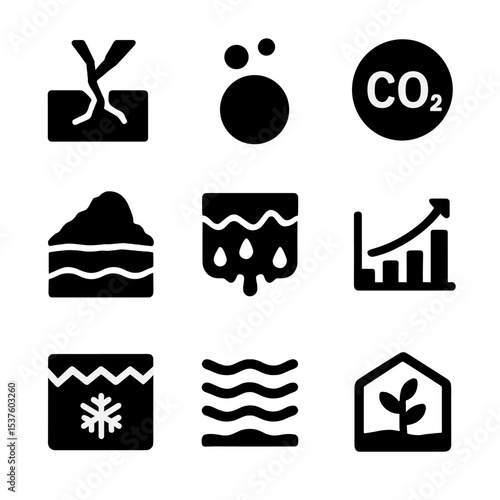 Permafrost Emission Icons. Solid, filled icons set of permafrost thaw and emissions: ground crack, methane