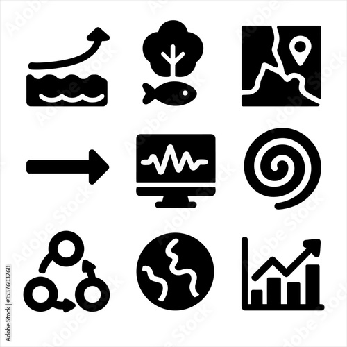 Climate Impact Icons. Solid, filled icons set of long-term projections and future impact: sea level forecast,