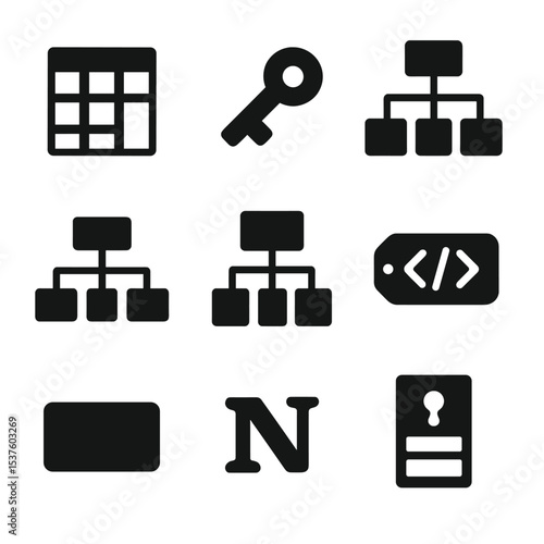Relational Database Icons. Solid, filled icons set of relational database structure: entity table, foreign key