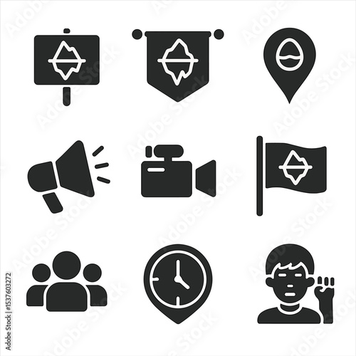 Climate Activism Icons. Solid, filled icons set of climate activism for polar regions: protest sign, save the