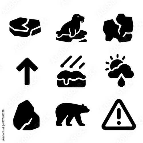 Arctic Habitat Loss Icons. Solid, filled icons set of Arctic habitat loss: shrinking ice floe, displaced seal,