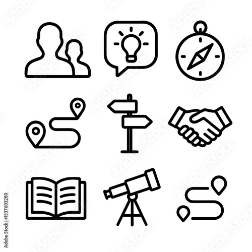 Mentorship Icons Grid. Outline icon set of mentorship and guidance: mentor silhouette, mentee silhouette, speech bubble with light