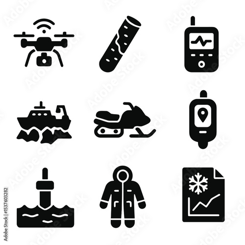 Polar Science Icons. Solid, filled icons set of scientific monitoring of polar regions: climate drone, ice