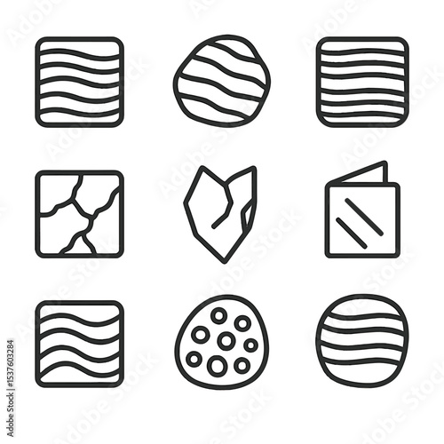 Metamorphic Rock Icons. Outline icon set of metamorphic rock textures: foliation band, schist layer, gneiss stripe, marble vein,
