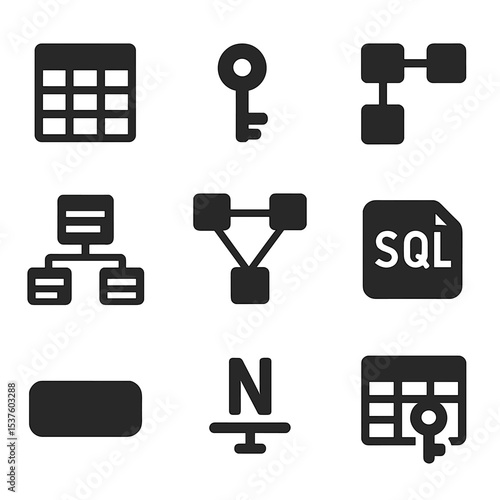Relational Database Icons. Solid, filled icons set of relational database structure: entity table, foreign key