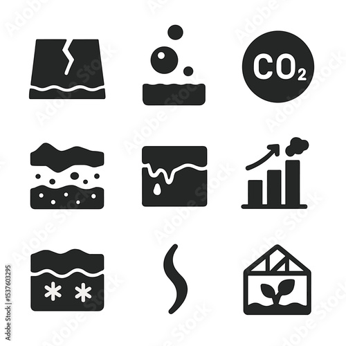 Permafrost Emission Icons. Solid, filled icons set of permafrost thaw and emissions: ground crack, methane
