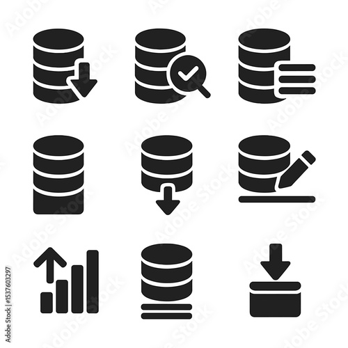 SQL Patterns Icon Grid. Solid, filled icons set of SQL data access patterns: SELECT query, WHERE clause, index