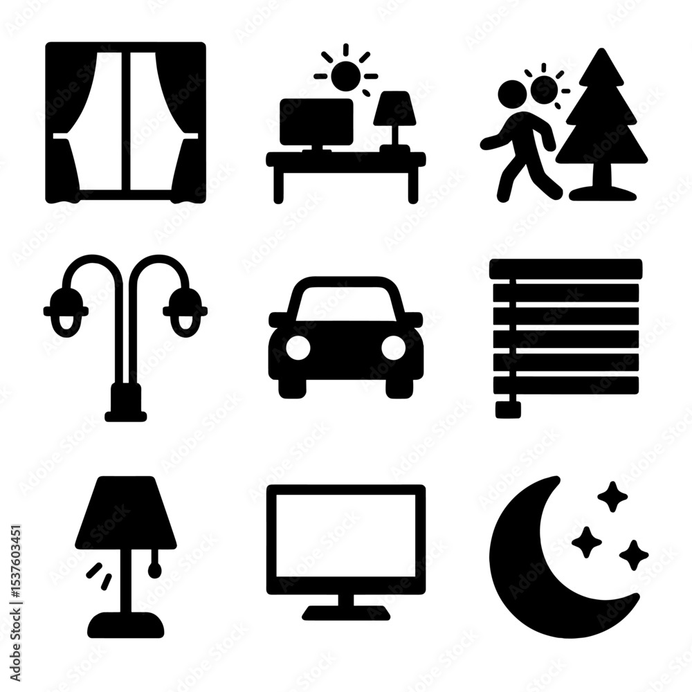 Daily Life Icons. Solid, filled icons set of daily life in light cycles: open curtain, sunlit desk, outdoor Daily Life Icons. Solid, filled icons set of daily life in light cycles: open curtain, sunlit desk, outdoor