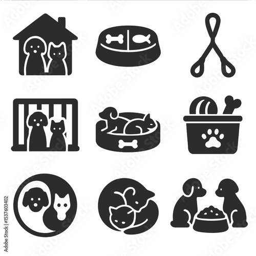 Multi-Pet Icons Grid. Solid, filled icons set of multi-pet family homes: dog and cat, food divider, dual leash
