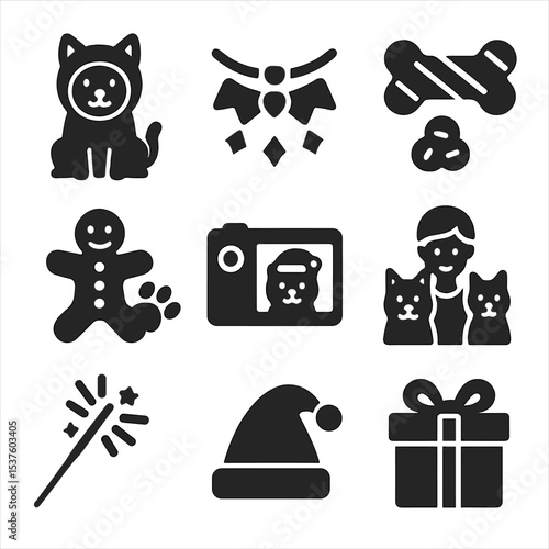 Pet Holiday Icons. Solid, filled icons set of celebrating holidays with pets: pet costume, festive collar,