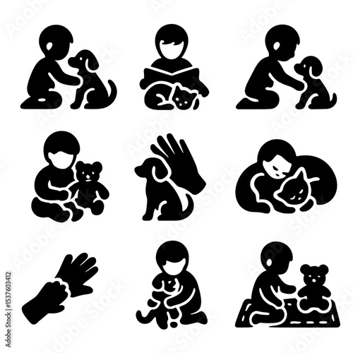Pet and Child Icons. Solid, filled icons set of pet and child companionship: toddler with pup, storytime