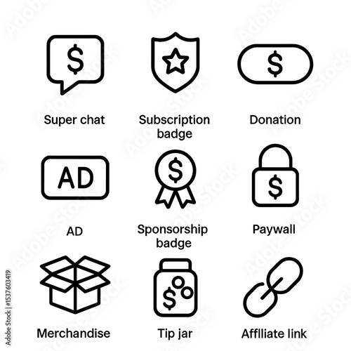Monetization Icon Set. Outline icon set of monetization features: Super Chat, subscription badge, donation button, ad slot,