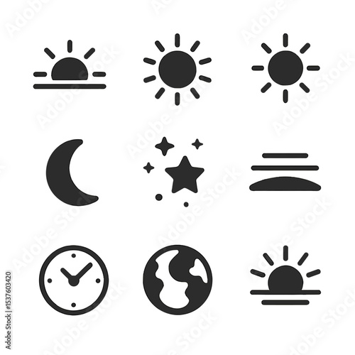 Day and Night Icons. Solid, filled icons set of the cycle of day and night: rising sun, midday sun, sunset