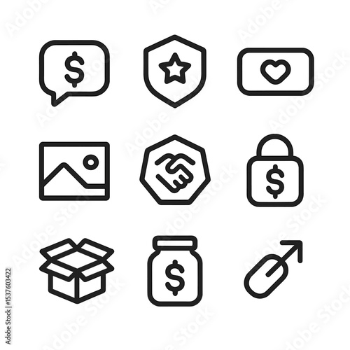 Monetization Icon Set. Outline icon set of monetization features: Super Chat, subscription badge, donation button, ad slot,