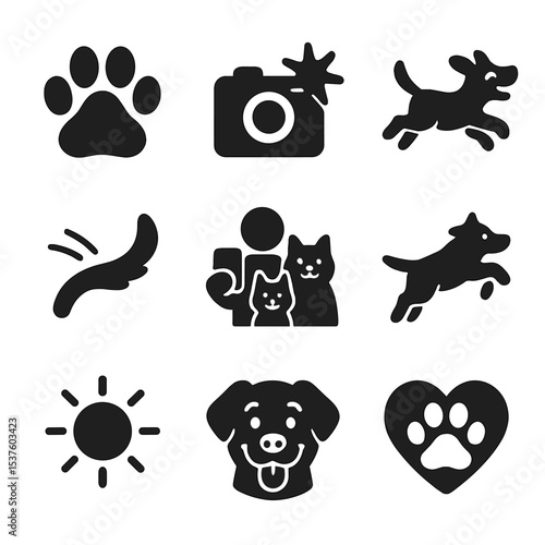 Playful Pet Icons. Solid, filled icons set of playful pet moments captured: paw mid-air, camera flash, joyful