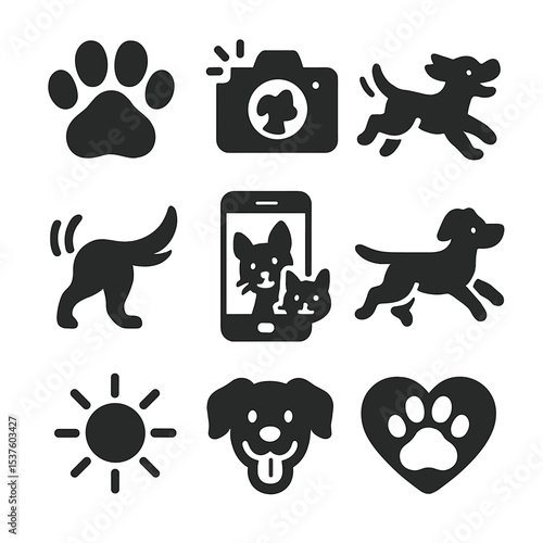 Playful Pet Icons. Solid, filled icons set of playful pet moments captured: paw mid-air, camera flash, joyful
