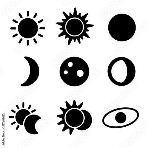 Solar and Lunar Icons. Solid, filled icons set of solar and lunar phases: full sun, solar flare, new moon,