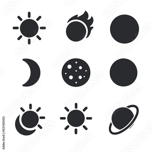 Solar and Lunar Icons. Solid, filled icons set of solar and lunar phases: full sun, solar flare, new moon,