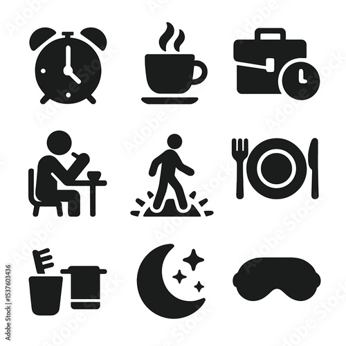 Daily Rhythm Icons. Solid, filled icons set of human daily rhythms: alarm clock, morning coffee, work hour