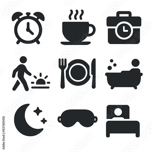 Daily Rhythm Icons. Solid, filled icons set of human daily rhythms: alarm clock, morning coffee, work hour