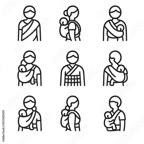 Multicultural Baby Carriers Icons. Outline icon set of multicultural baby carriers: Indian sari sling, African kanga wrap,