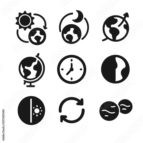 Celestial Motion Icons. Solid, filled icons set of celestial motion and timing: sun orbit, moon orbit, earth