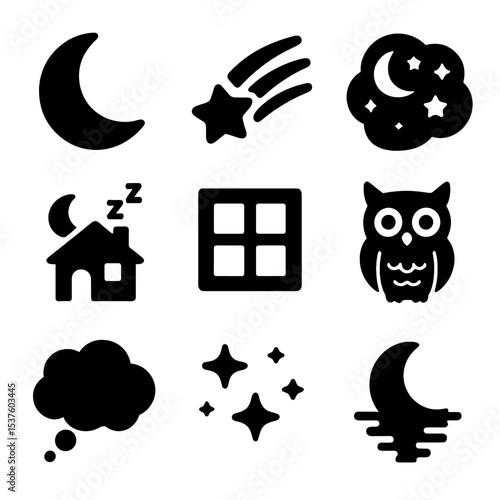 Nighttime Icon Set. Solid, filled icons set of nighttime elements: crescent moon, shooting star, dark sky,
