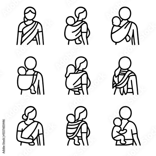 Multicultural Baby Carriers Icons. Outline icon set of multicultural baby carriers: Indian sari sling, African kanga wrap,