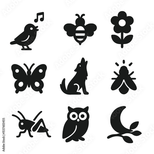 Day and Night Icons. Solid, filled icons set of nature through day and night: chirping bird, buzzing bee,