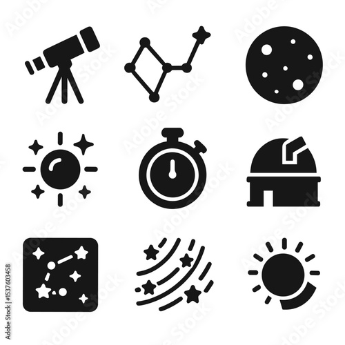 Astronomy Icon Grid. Solid, filled icons set of astronomical observation: telescope icon, constellation lines,