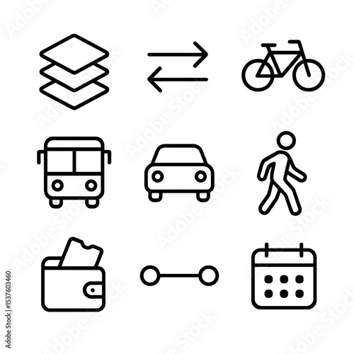 Multimodal Trip Icons. Outline icon set of multimodal trip integration: map layers, transfer arrows, bike icon, bus icon, car icon