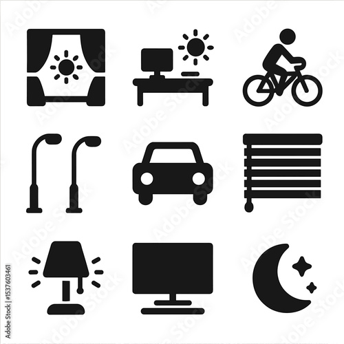 Daily Life Icons. Solid, filled icons set of daily life in light cycles: open curtain, sunlit desk, outdoor