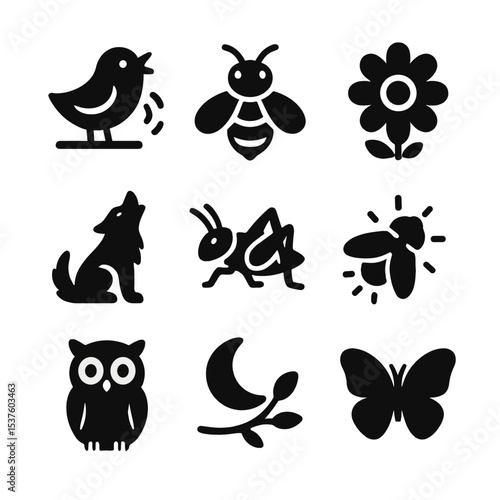 Day and Night Icons. Solid, filled icons set of nature through day and night: chirping bird, buzzing bee,