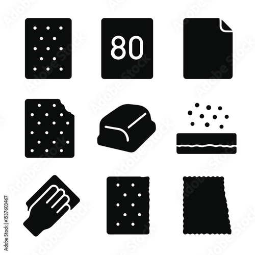 Sandpaper Icons Collection. Solid, filled icons set of sandpaper sheet: sanding sheet, grit number, abrasive