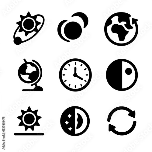 Celestial Motion Icons. Solid, filled icons set of celestial motion and timing: sun orbit, moon orbit, earth